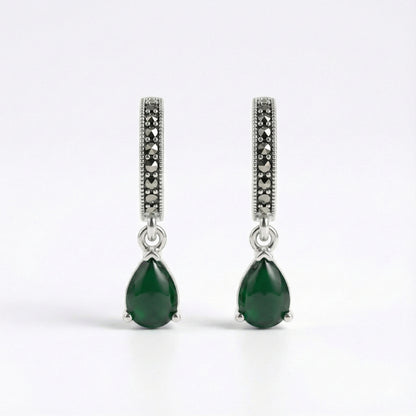 Emerald Green & Marcasite Drop Earrings | Made With Pure 925 Silver