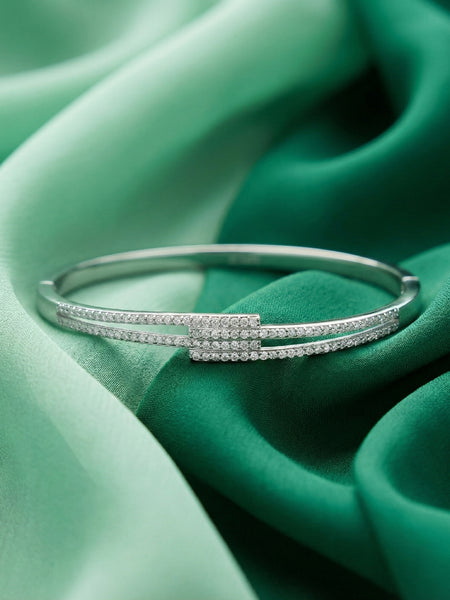 925 Silver Diamond-Style Dual Line Fixed Bangle for Women