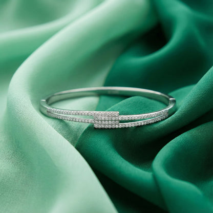 925 Silver Diamond-Style Dual Line Fixed Bangle for Women