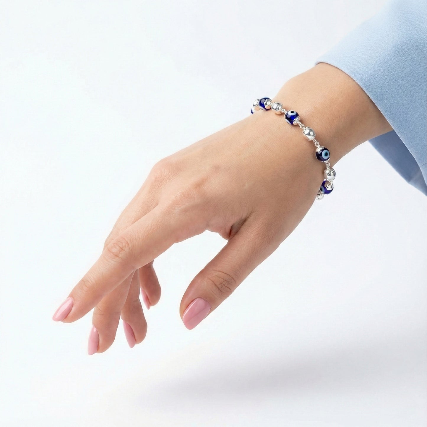 925 Silver Evil Eye Beaded Bracelet with Blue Glass Beads