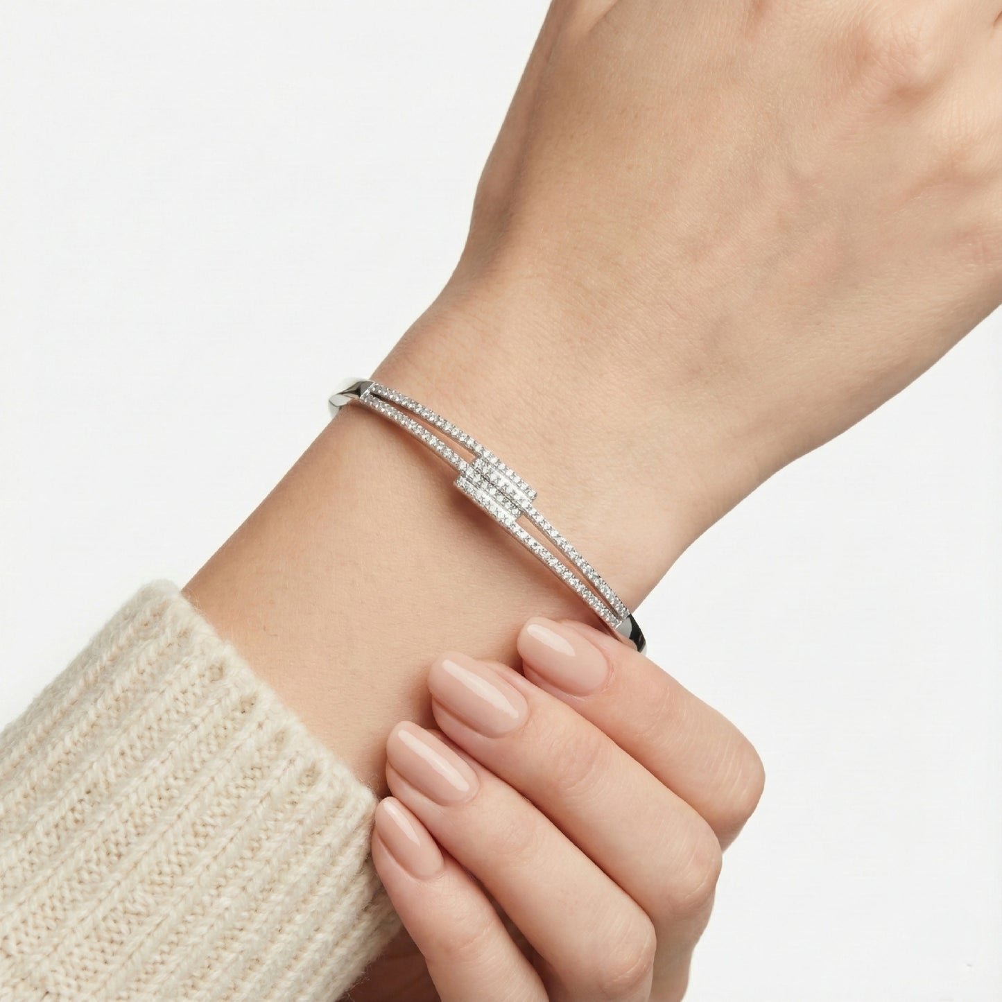 925 Silver Diamond-Style Dual Line Fixed Bangle for Women