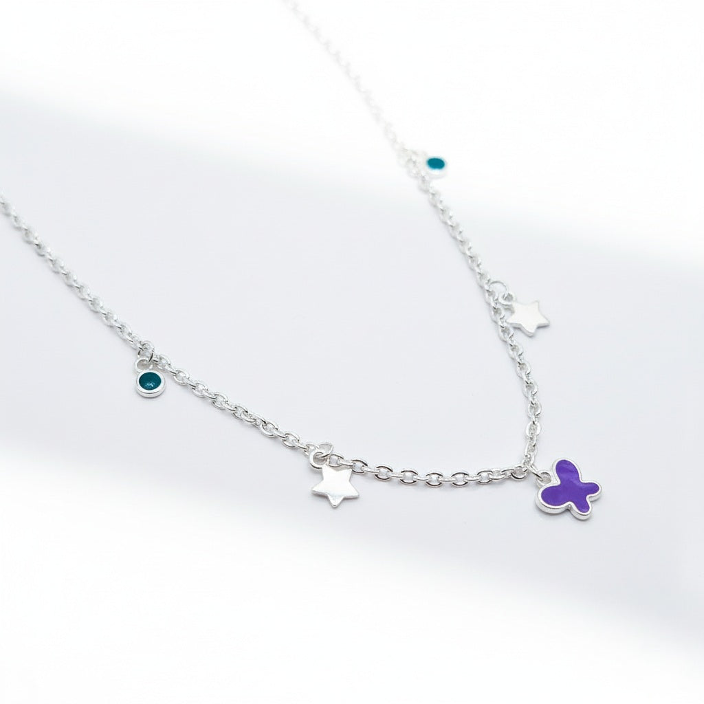 Star & Purple Butterfly Charm 925 Sterling Silver Chain for Kids