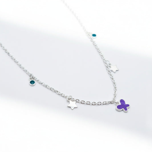 Star & Purple Butterfly Charm 925 Sterling Silver Chain for Kids