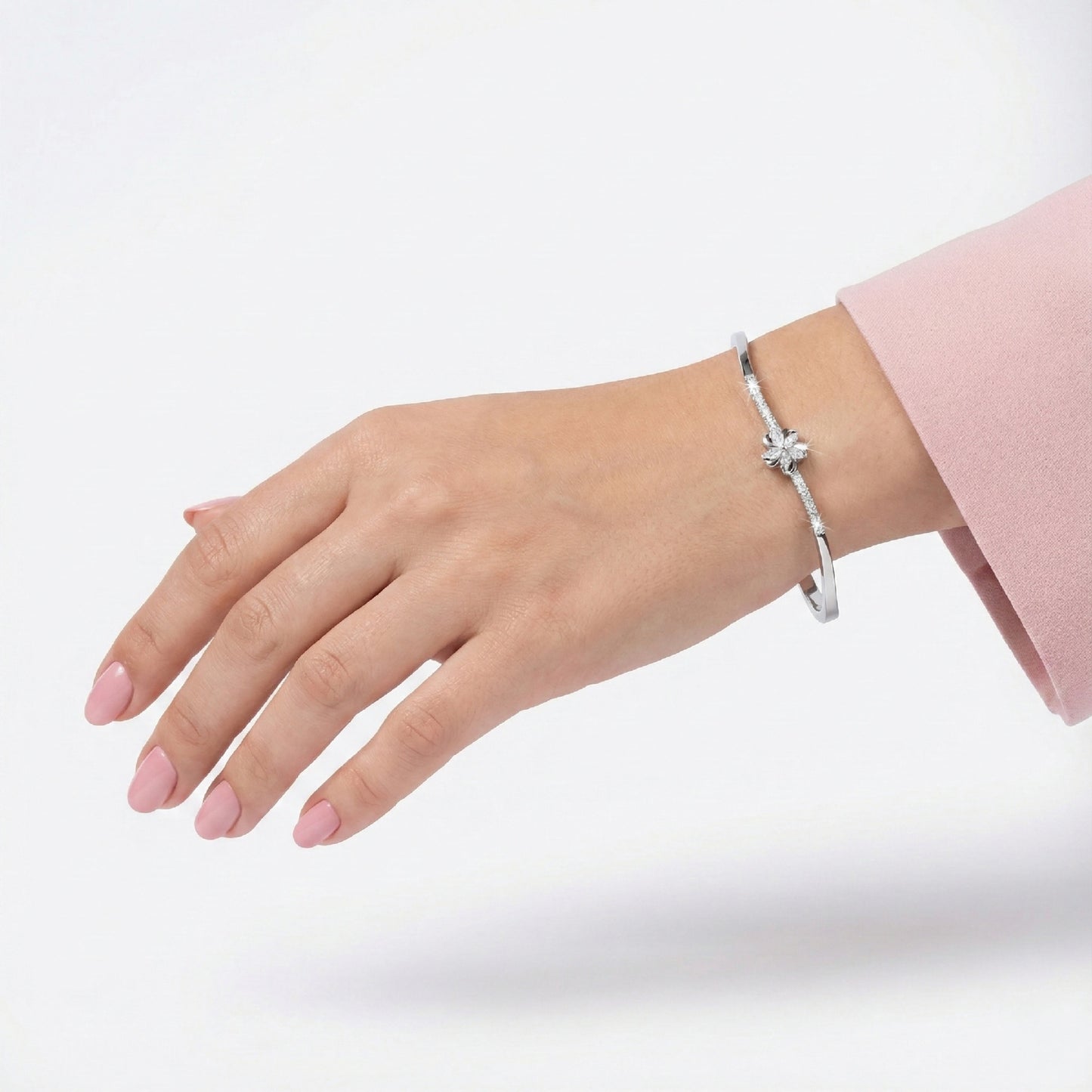 925 Silver Floral Diamond Accent Closed Bangle for Women