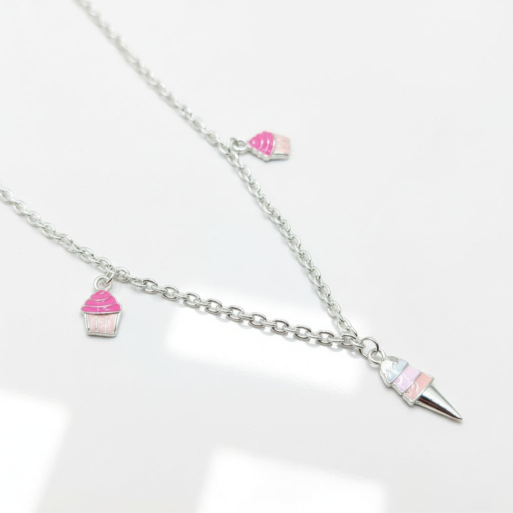 Cupcake & Ice Cream Charm 925 Sterling Silver Chain for Kids