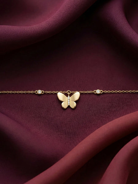 925 Silver Gold-Plated Butterfly Charm Bracelet with CZ Accents