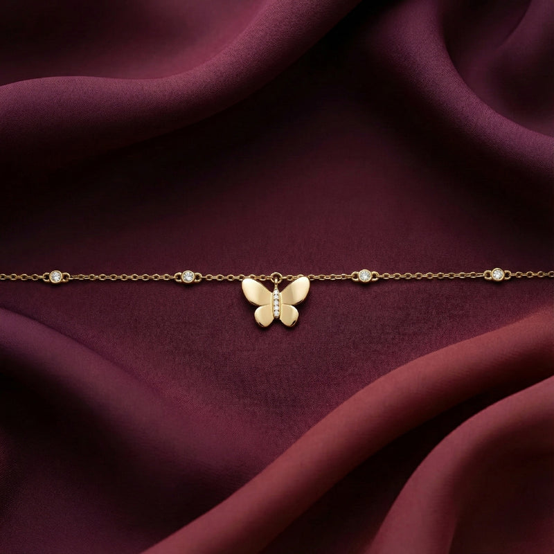925 Silver Gold-Plated Butterfly Charm Bracelet with CZ Accents