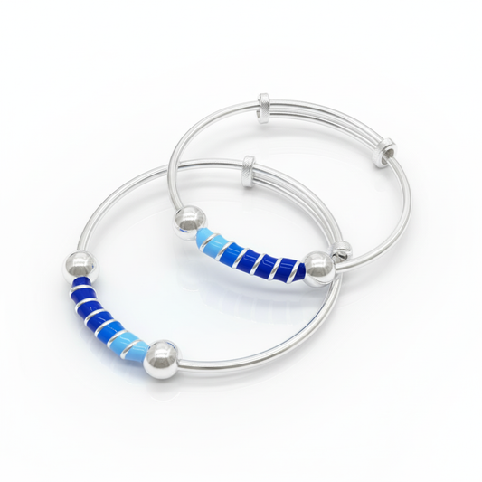 Blue Swirl Adjustable Kids Kada Set (13.9g) - 92.5 Silver