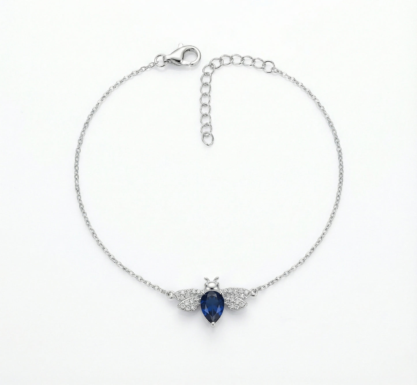 925 Silver Blue Sapphire Bee Bracelet with Sparkling CZ Wings