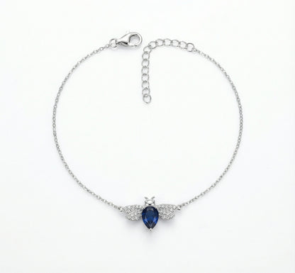 925 Silver Blue Sapphire Bee Bracelet with Sparkling CZ Wings