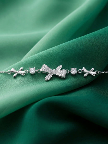 925 Silver Bow Charm Bracelet with Sparkling CZ Accents