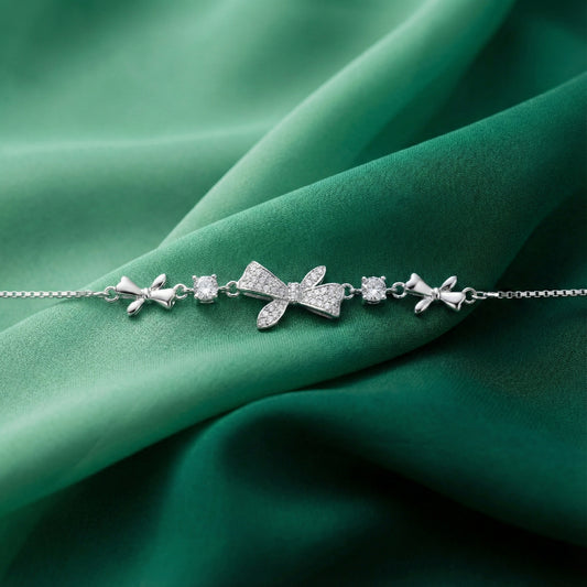 925 Silver Bow Charm Bracelet with Sparkling CZ Accents