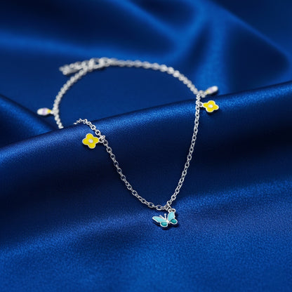 Butterfly & Yellow Flower Charm 925 Sterling Silver Chain for Girls