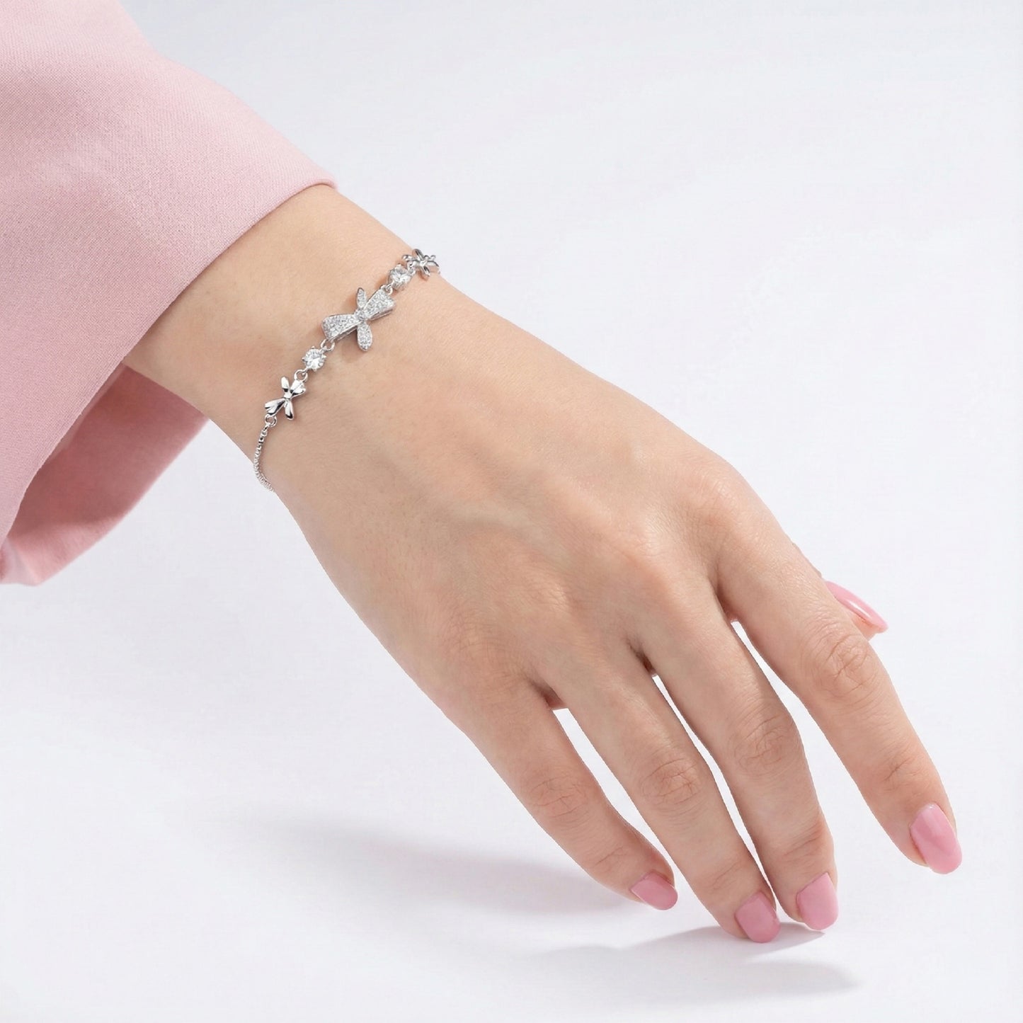 925 Silver Bow Charm Bracelet with Sparkling CZ Accents