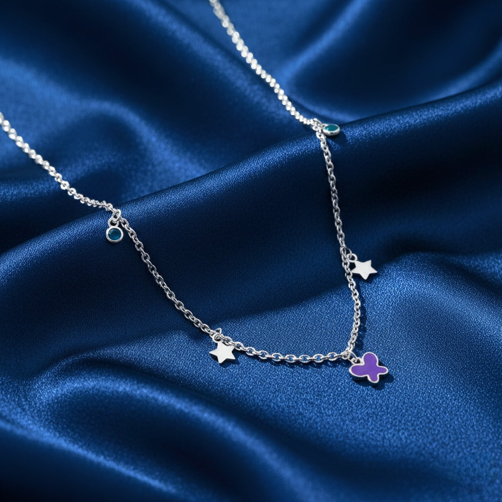 Star & Purple Butterfly Charm 925 Sterling Silver Chain for Kids