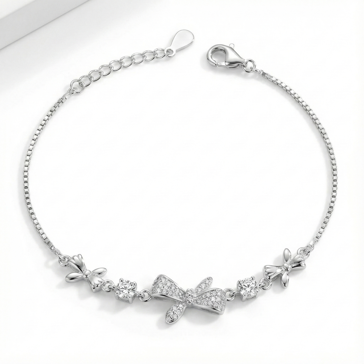 925 Silver Bow Charm Bracelet with Sparkling CZ Accents