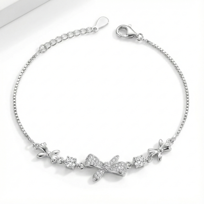 925 Silver Bow Charm Bracelet with Sparkling CZ Accents