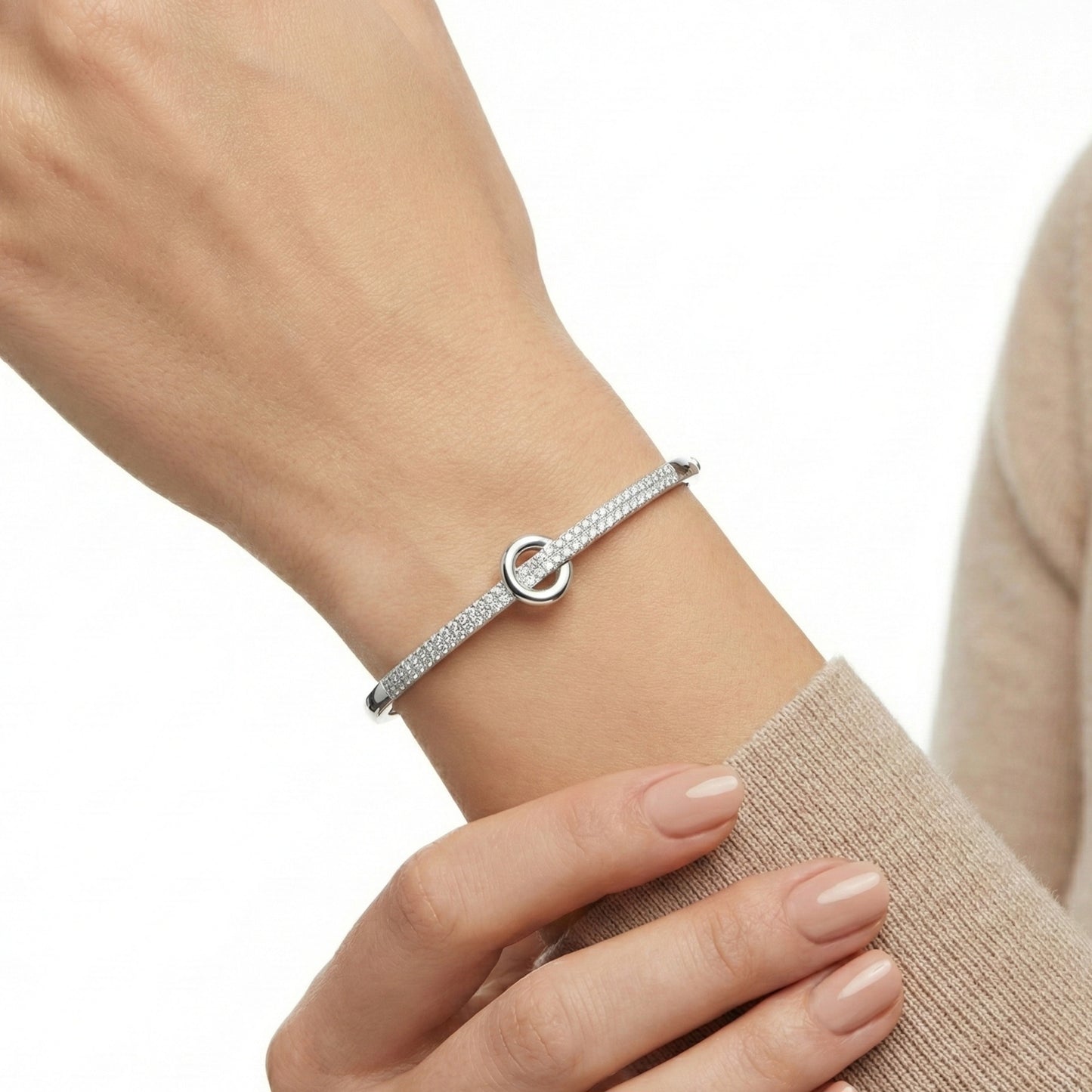 925 Silver Circle Knot Diamond-Style Fixed Bangle for Women