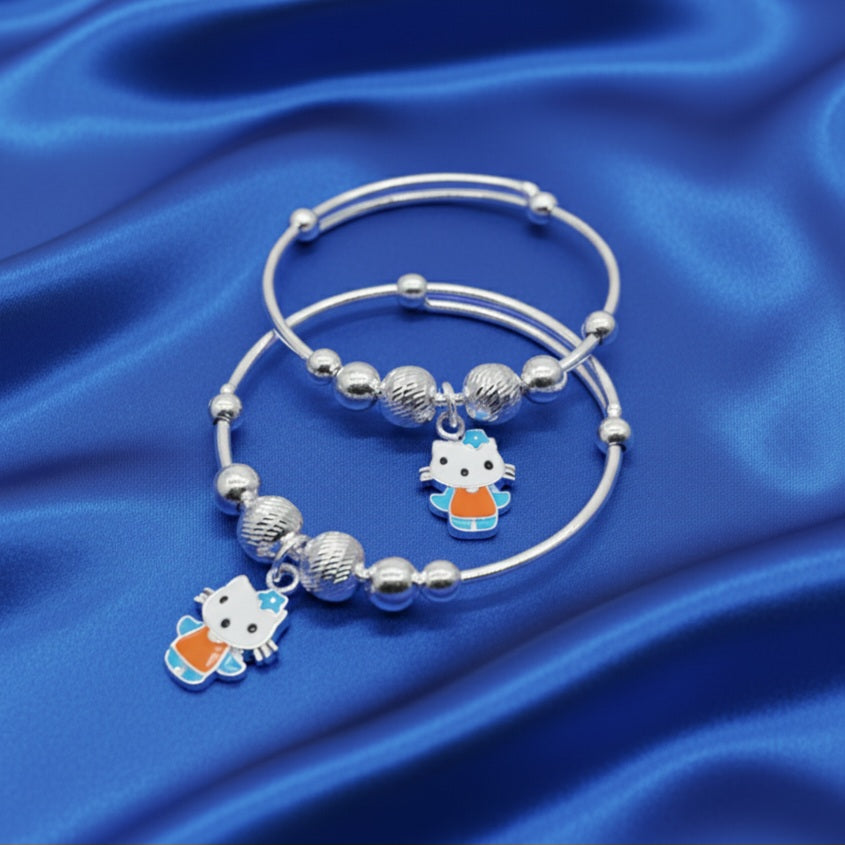 Cute Kitty Adjustable Kids Kada Set (14g) - 92.5 Silver