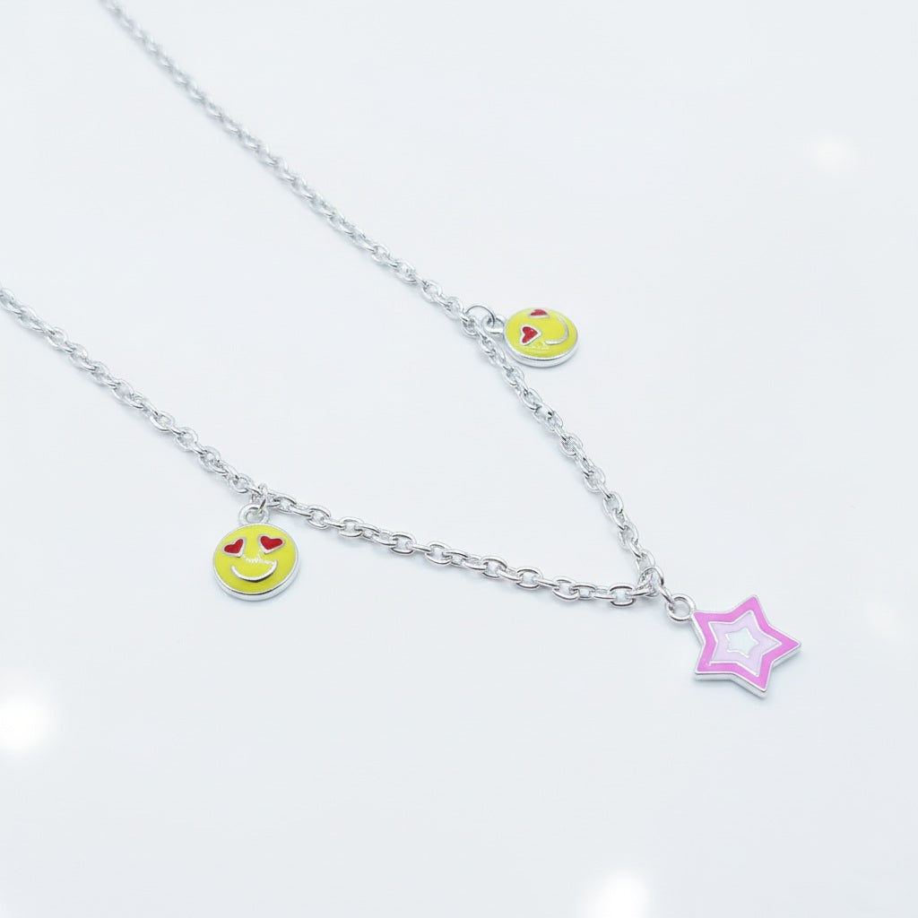 Love Emoji & Pastel Star Charm 925 Sterling Silver Chain for Kids