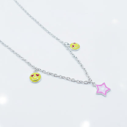 Love Emoji & Pastel Star Charm 925 Sterling Silver Chain for Kids