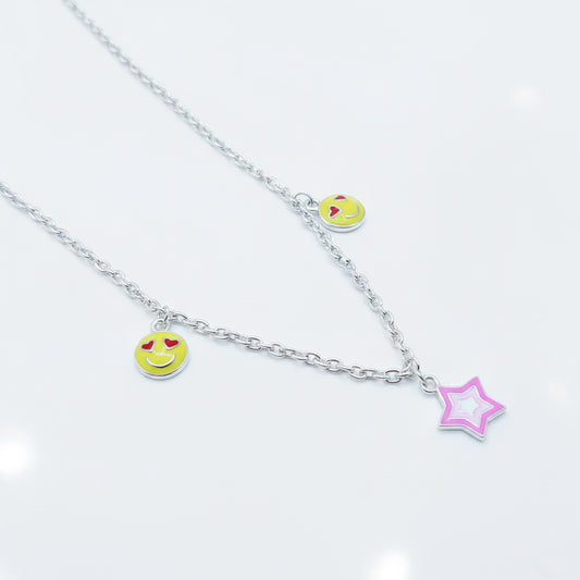 Love Emoji & Pastel Star Charm 925 Sterling Silver Chain for Kids