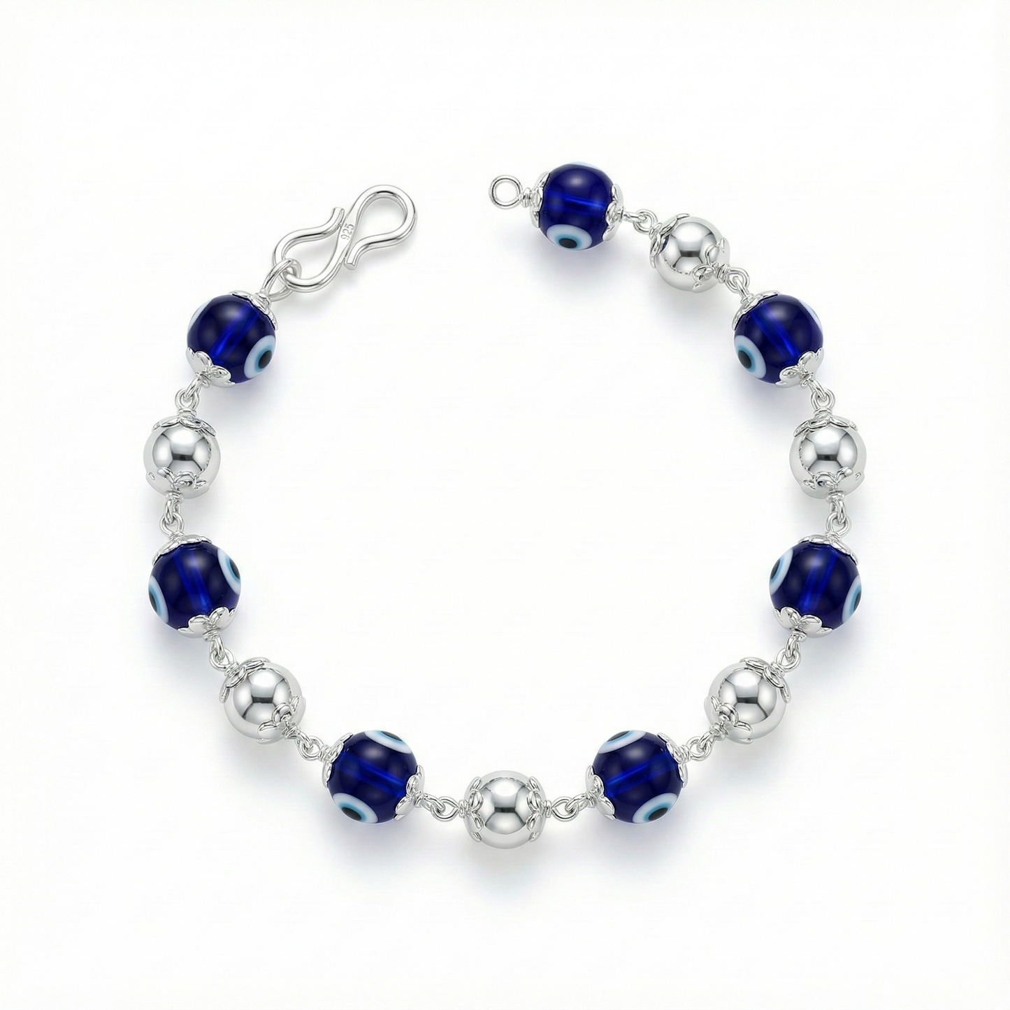 925 Silver Evil Eye Beaded Bracelet with Blue Glass Beads