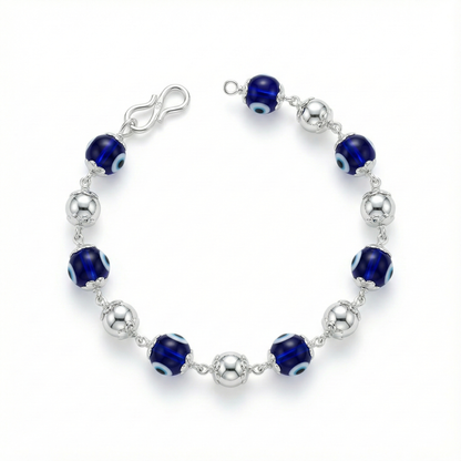 925 Silver Evil Eye Beaded Bracelet with Blue Glass Beads