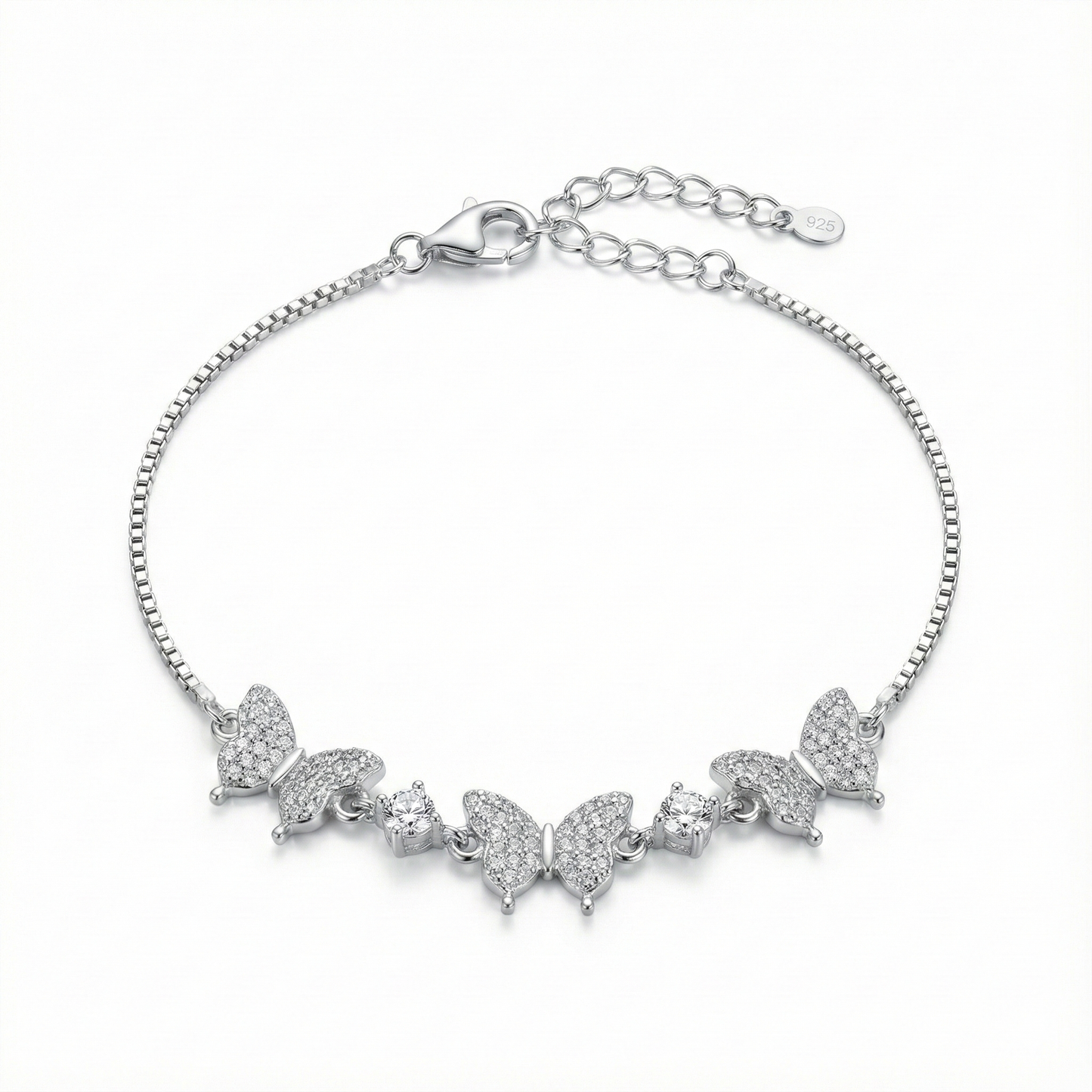 925 Silver Butterfly CZ Adjustable Bracelet for Women – Elegant Chain Design