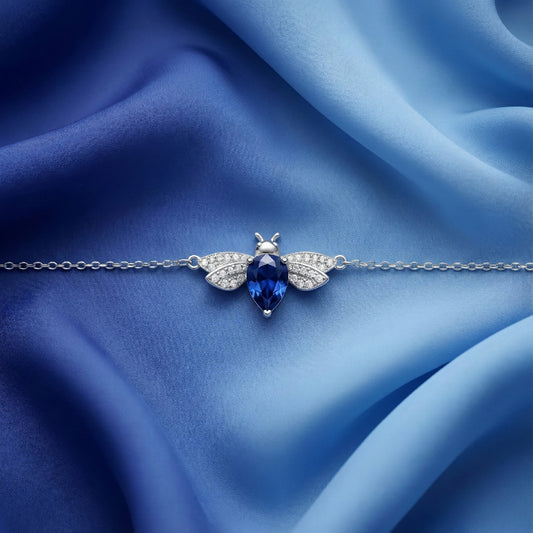 925 Silver Blue Sapphire Bee Bracelet with Sparkling CZ Wings