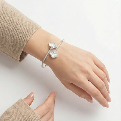 925 Silver Mother of Pearl Floral Adjustable Open Bangle for Women
