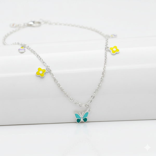 Butterfly & Yellow Flower Charm 925 Sterling Silver Chain for Girls
