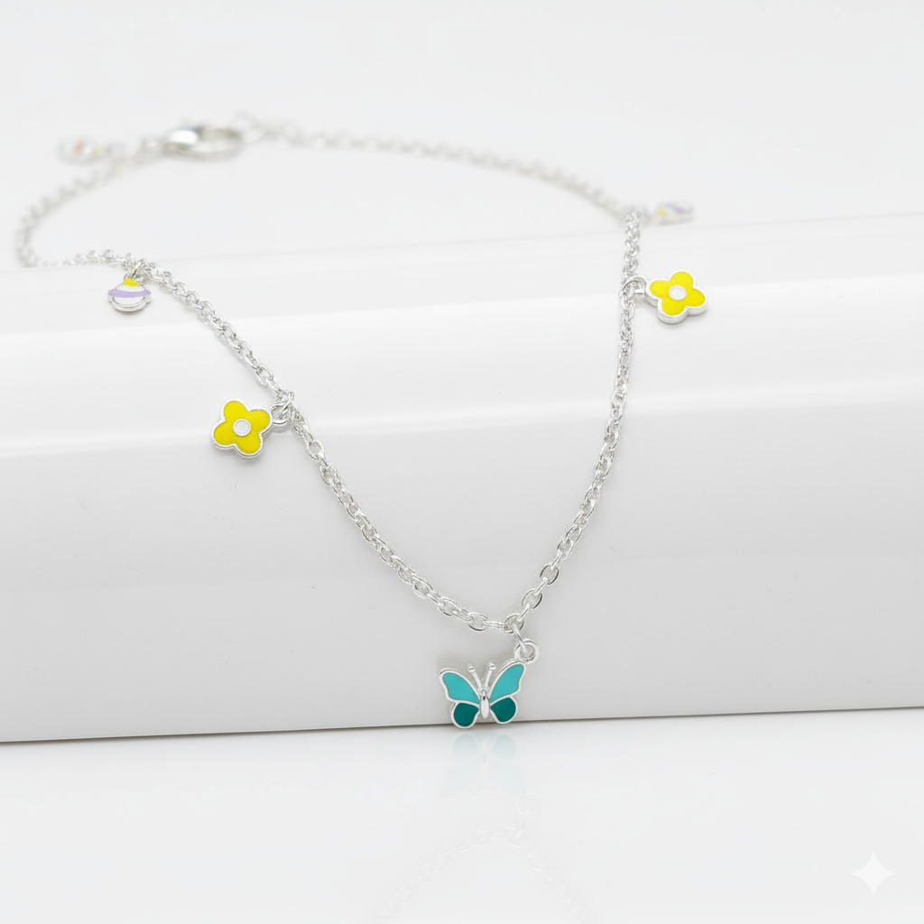 Butterfly & Yellow Flower Charm 925 Sterling Silver Chain for Girls