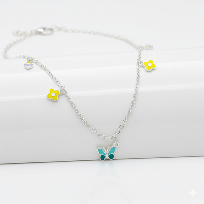 Butterfly & Yellow Flower Charm 925 Sterling Silver Chain for Girls