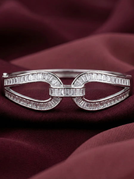 925 Silver Twin Curve Baguette Diamond-Style Fixed Bangle for Women