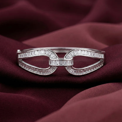 925 Silver Twin Curve Baguette Diamond-Style Fixed Bangle for Women