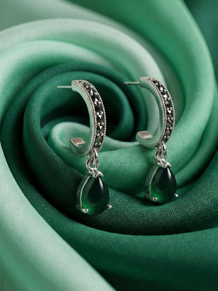 Emerald Green & Marcasite Drop Earrings | Made With Pure 925 Silver