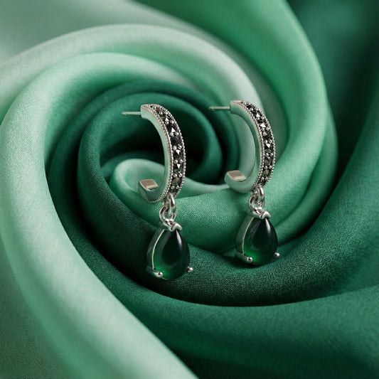Emerald Green & Marcasite Drop Earrings | Made With Pure 925 Silver