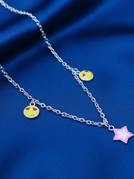 Love Emoji & Pastel Star Charm 925 Sterling Silver Chain for Kids