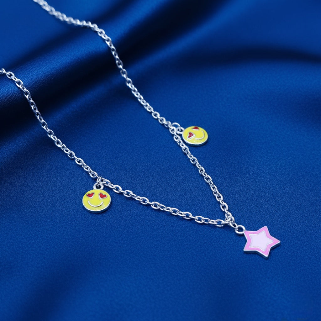 Love Emoji & Pastel Star Charm 925 Sterling Silver Chain for Kids
