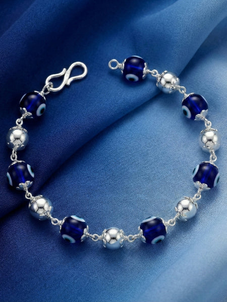 925 Silver Evil Eye Beaded Bracelet with Blue Glass Beads