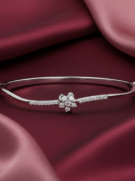 925 Silver Floral Diamond Accent Closed Bangle for Women