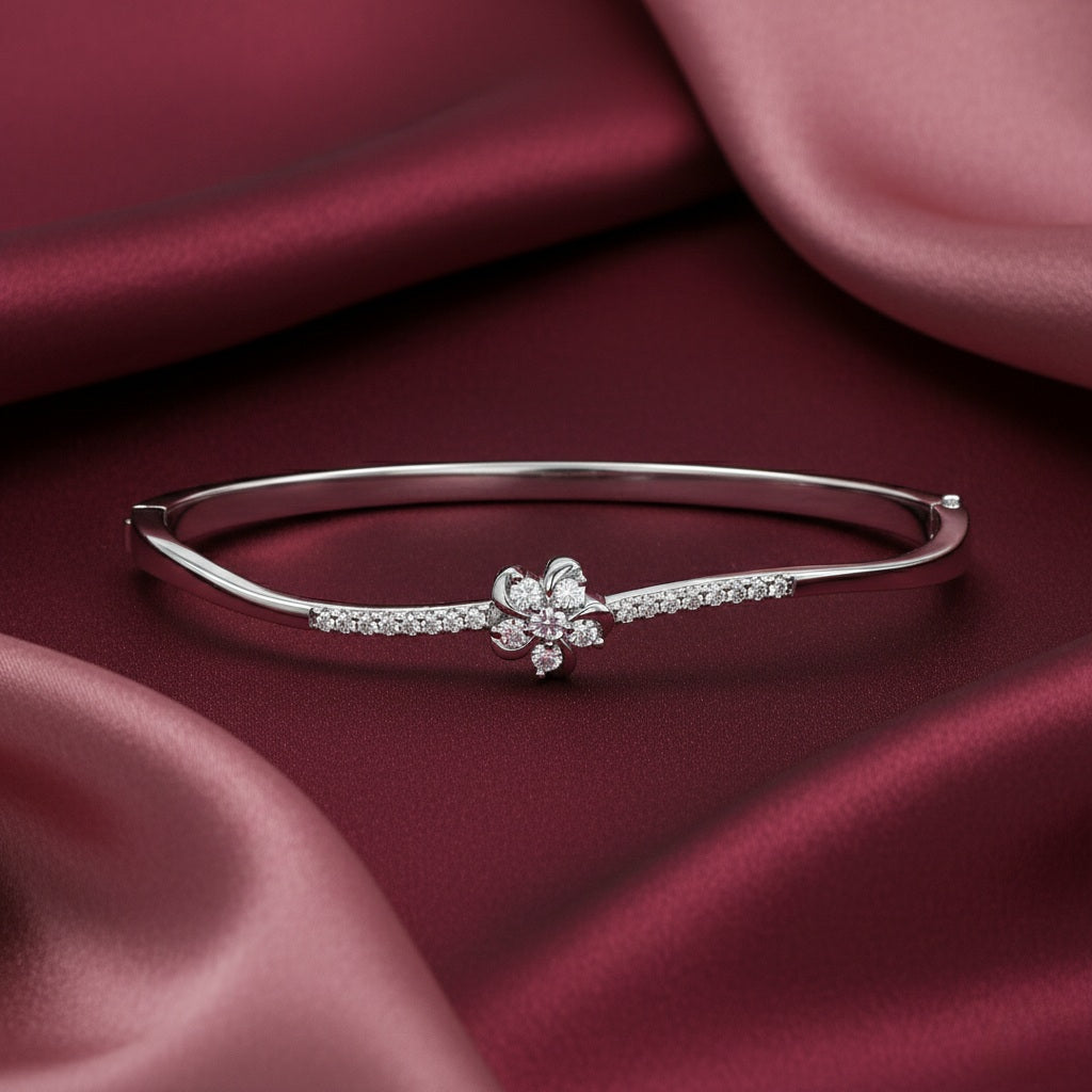 925 Silver Floral Diamond Accent Closed Bangle for Women