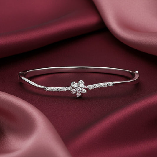 925 Silver Floral Diamond Accent Closed Bangle for Women